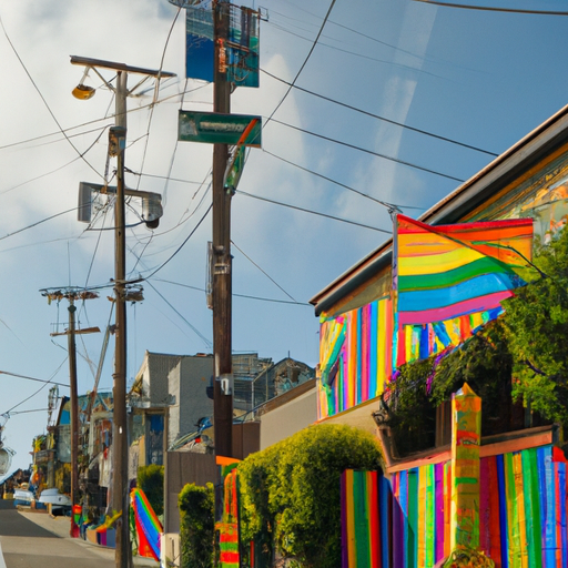 נוף רחוב צבעוני בקסטרו, מעוטר בדגלי קשת וציורי קיר